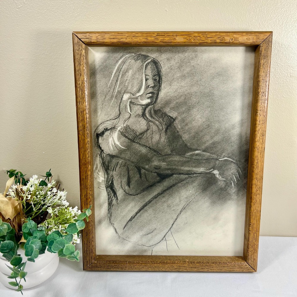 Original Charcoal Sketch Female Portrait in Wood Frame